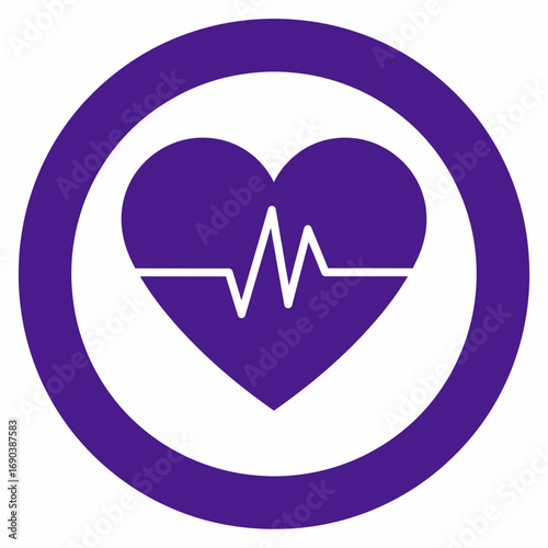 A stylized purple heart icon featuring a white electrocardiogram pulse line, encircled by a thick purple ring on a white background.