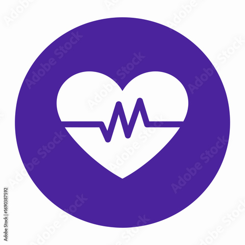 A white heart icon with an ECG line inside, set on a purple circle, symbolizing health and medical care.