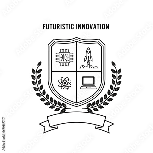 Line art emblem depicting a shield with futuristic innovation icons: microchip, rocket, atom, and laptop, framed by laurel wreaths and a banner, representing progress.