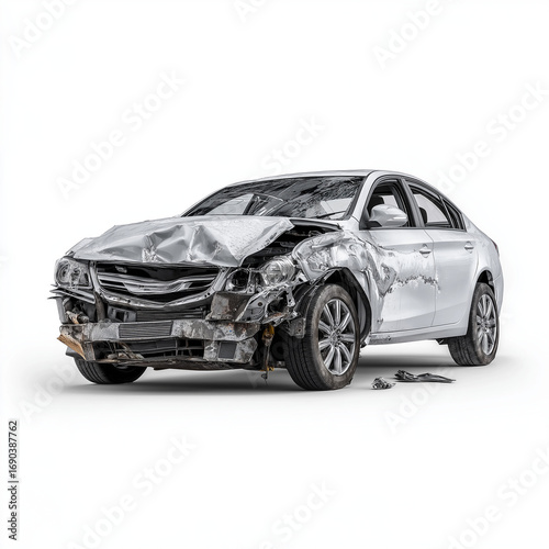 A white  broken and damaged car with visible dents and scratches, isolated on a clean white background.
