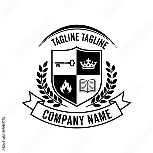 Monochrome company logo featuring a shield with key, crown, flame, and book, surrounded by laurel wreath and banner.