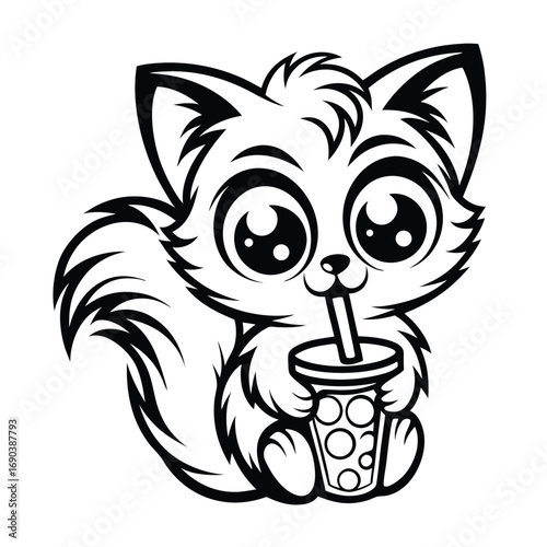 Outlined kitten character joyfully holds a boba tea with a straw and a delightful expression