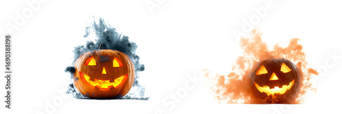 Set of a different Halloween pumpkins with smoke effect, isolated on a transparent background.