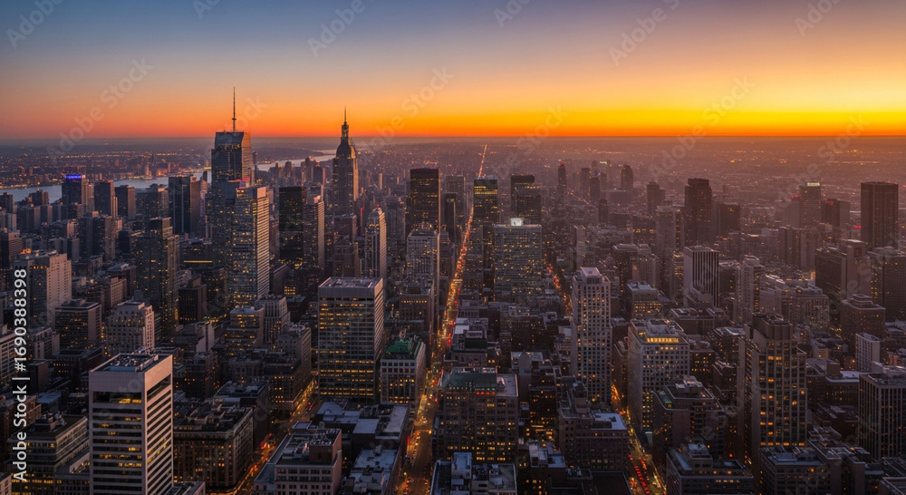 Fototapeta premium Cityscape silhouettes rise against the vibrant sunset sky in New York City, creating a stunning urban panorama with warm, golden hues.
