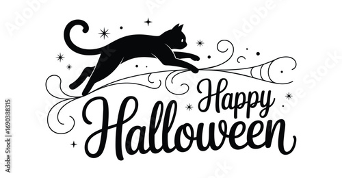 Leaping black cat silhouette with curled tail and stars above “Happy Halloween” text in cursive, festive illustration for spooky design themes