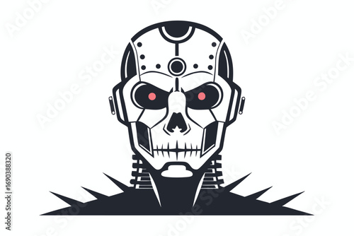 Robotic skull with glowing red eyes stares intensely from a black, spiked mechanical collar