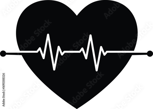 Black heart shape with white heartbeat line, flat medical cardiogram icon, vector love symbol for health care, fitness, pulse design illustration