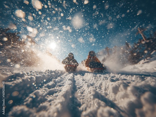 Two people sledding downhill on snowy slope, sunlight glowing through snow spray, exciting winter sport activity full of motion, joy and mountain adventure
