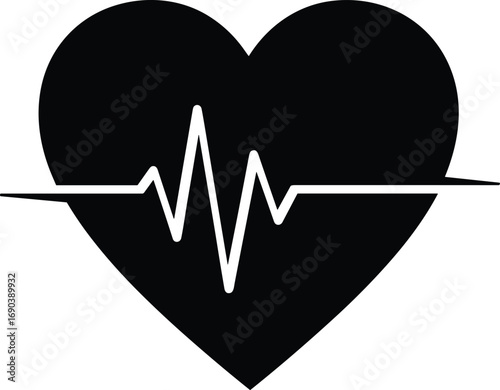 Heartbeat icon with heart shape, medical pulse line vector illustration, cardiology health monitor symbol, black and white flat healthcare design