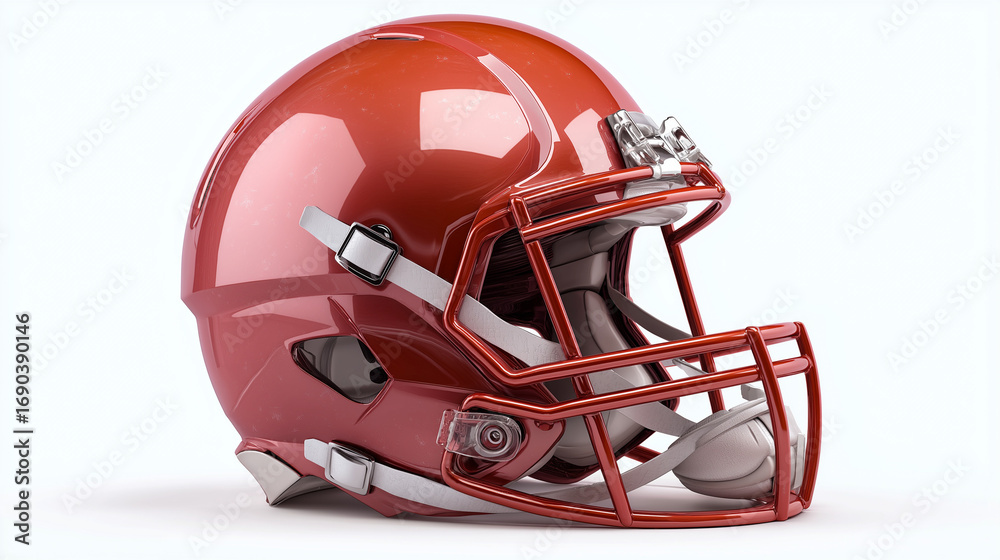Fototapeta premium A red football helmet with a protective faceguard, isolated on a clean white background. 