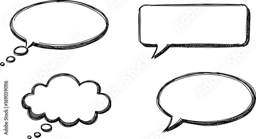 Hand drawn speech bubbles vector set, doodle comic text frames, sketch style talk and thought balloons, isolated black and white illustration