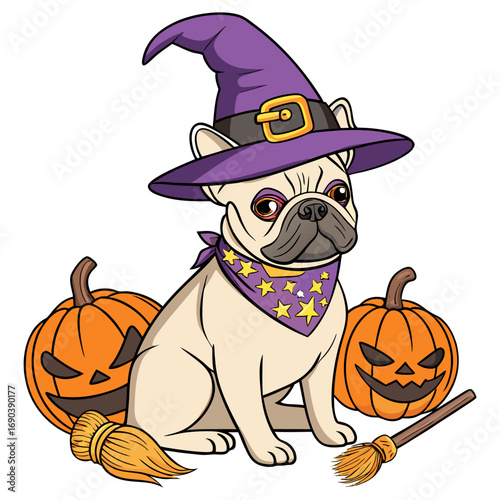Halloween French Bulldog Witch Dog Vector Illustration for T-Shirt Design