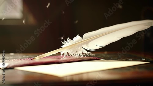 Feather quill and ink on parchment paper, writing concept