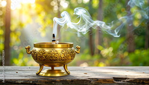 Golden incense burner releasing smoke on weathered wooden table outdoors