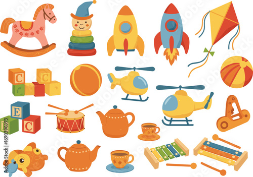 Colorful vintage kids toys set, cartoon vector illustration of classic children play items, isolated nursery icons, baby fun, educational toys