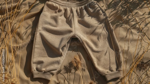 Soft Gray Baby Pants Relaxing on Sand with Dried Grass in Natural Light