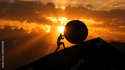 A dramatic silhouette of a person pushing a huge round boulder uphill on a rocky mountain slope at sunset
