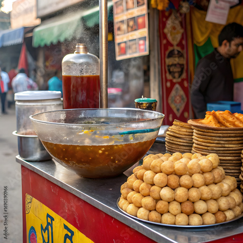 “Street Food Stall with Gol Gappas and Flavored Water – Traditional Indian Pani Puri”
