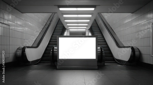 Empty subway station, escalators, blank billboard
