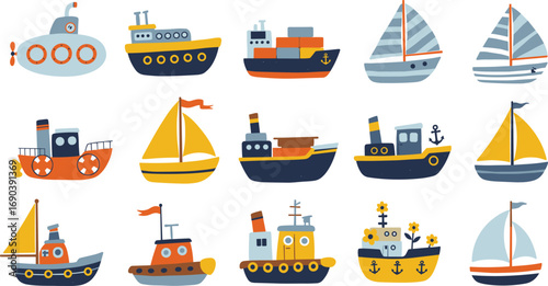 Colorful cartoon vector set of various boats, ships, submarines, and sailboats, perfect for kids, educational content, marine themes, and design projects