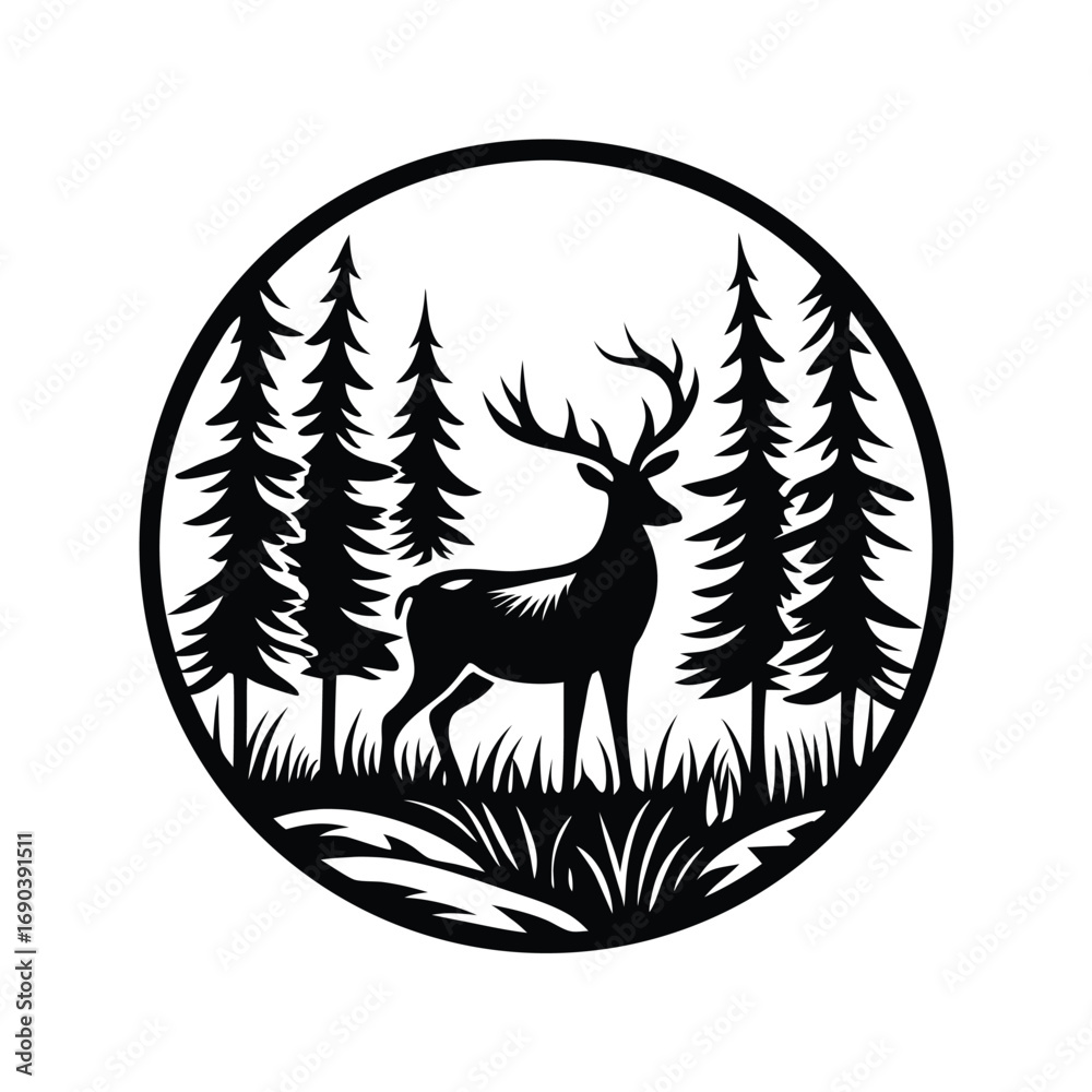 Obraz premium Silhouette of a deer standing among fir trees in a circular frame is showcased