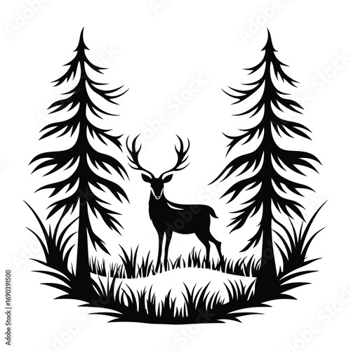 Silhouette deer calmly stands among evergreen trees and tall grass in black vector