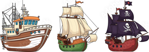 Colorful vector illustration of pirate ship, fishing boat, and vintage sailboat, ideal for nautical themes, children’s books, games, or maritime design