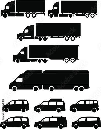 Commercial trucks and vans silhouette vector set, delivery transport icons, cargo logistics vehicles for infographics, automotive decal, poster, print or design