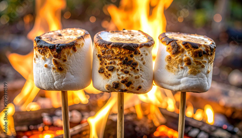 Toasted marshmallows roasting over campfire in the wilderness