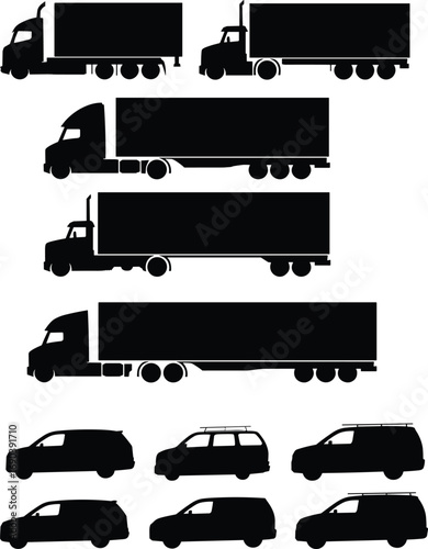 Truck and SUV silhouette vector set, side view transportation icons, cargo trailer trucks, utility vehicles collection for automotive design, decals, infographics