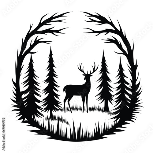 Silhouette of a majestic deer amidst tall pine trees within a forest frame