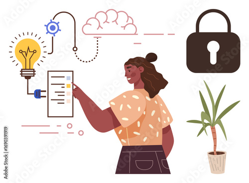 Woman marking checklist with lightbulb, cloud, padlock, and plant, representing creativity, problem-solving, security. Ideal for innovation, organization productivity planning cybersecurity