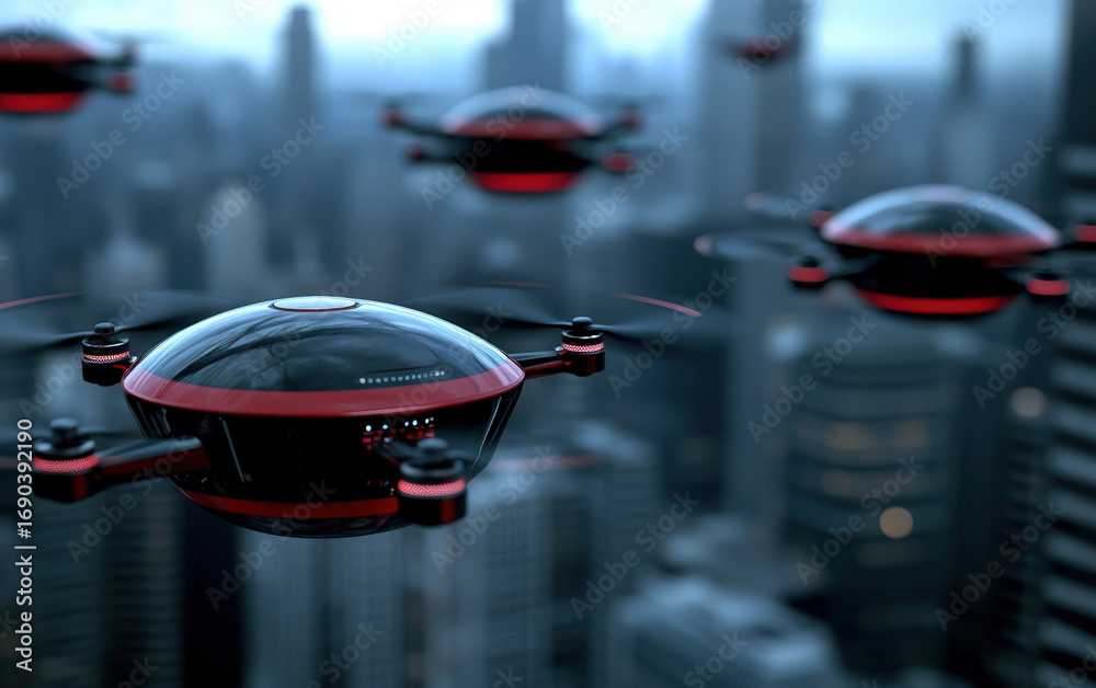 Obraz premium Futuristic drone swarm urban skyline surveillance technology autonomous aerial patrol weaving calm