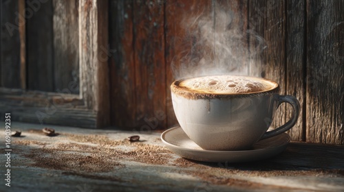 Steaming Coffee Cup on Rustic Wooden Surface in Cozy Warm Atmosphere