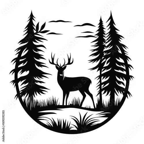 Silhouette of deer standing among trees and grass against a backdrop of clouds