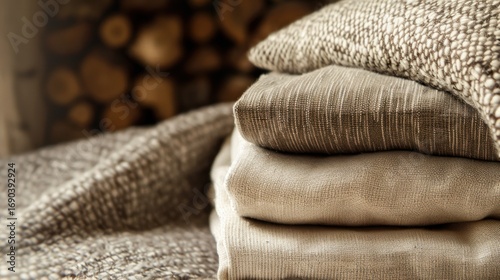 Stack of Neutral Colored Folded Textured Fabrics in Warm Indoor Setting