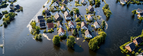 Aerial flooded houses floodplain disaster suburb water climate change emergency Aerial view of flooded suburb wide floodplain, houses and trees