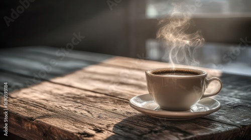 Steaming Coffee Cup on Rustic Wooden Table in Cozy Morning Light
