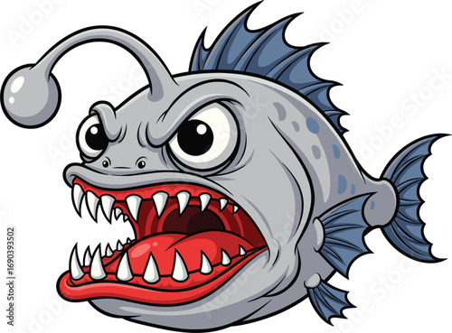 Cartoon deep sea anglerfish with glowing lure, sharp teeth, and angry face — perfect for marine monster vector illustration designs
