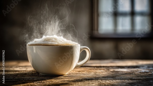 Steaming Hot Coffee Cup on Rustic Wooden Table in Cozy Indoor Setting