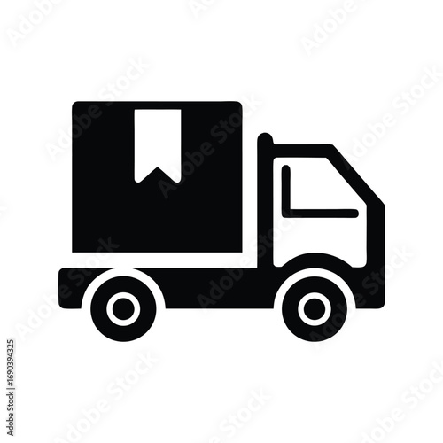 Simplified black delivery truck with a package is shown in monochrome
