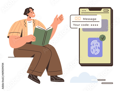 Man with book gesturing beside smartphone displaying security code and fingerprint authentication. Ideal for cybersecurity, storytelling, learning, mobile technology, privacy, authentication