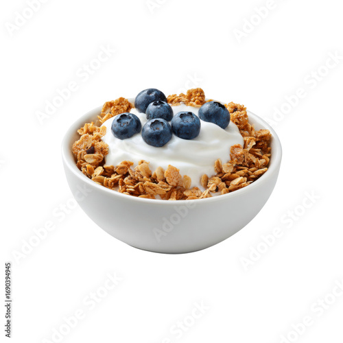 Delicious Granola with Yogurt and Blueberries in a White Bowl