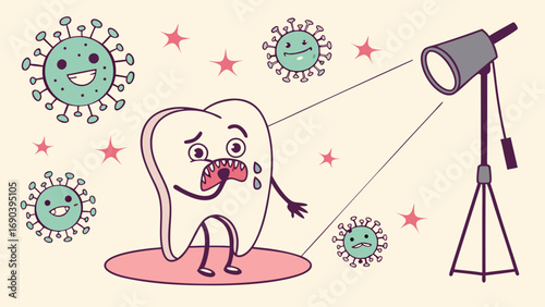 A scared cartoon tooth character surrounded by viruses under a studio light perfect for dental health childrens book illustrations or medical concepts.