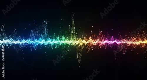 Vibrant soundwave with rainbow colors (blue, green, yellow, pink, orange) on black background, evoking music/audio visualization. AI Generated