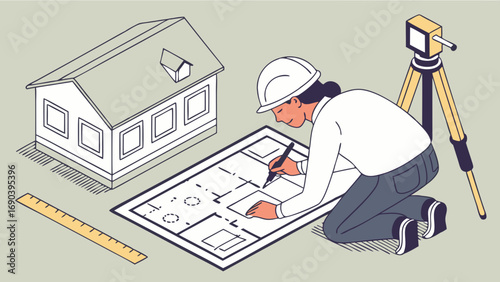 Architect drawing house blueprints isometric illustration home design construction plan engineering building project.