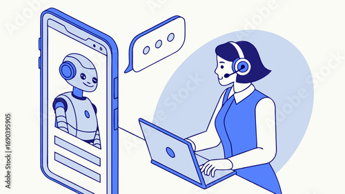 Customer support agent interacting with a chatbot on a smartphone and laptop.