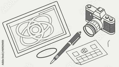 Digital Photography and Graphic Design Workspace Illustration Tablet Camera Pen and Checklist.