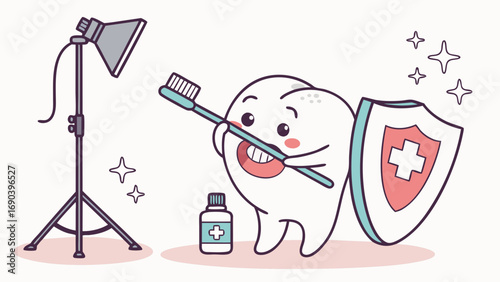 Cartoon Tooth Character Brushing Teeth with Toothbrush Mouthwash and Protective Shield under Studio Light.