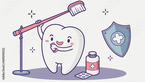 Cartoon Tooth Character Brushing Teeth with Toothbrush Mouthwash Pills and Shield for Dental Health Concept Illustration.